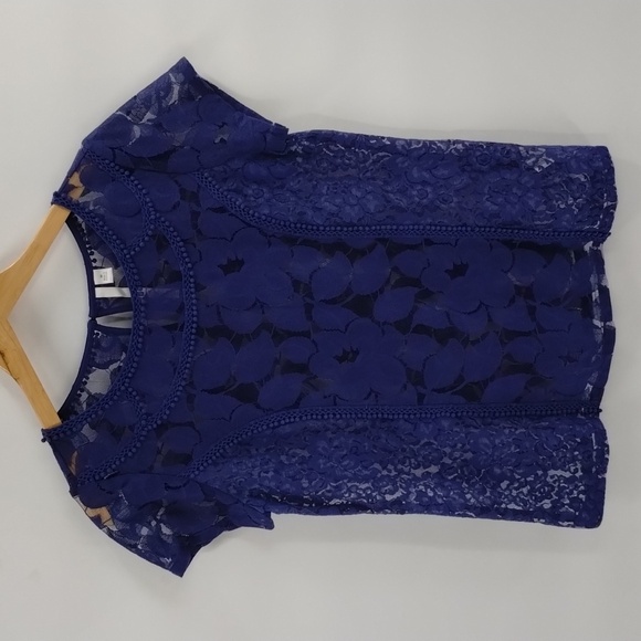 Lauren Conrad brocade and lace blue sheer blouse top size medium short sleeve - Picture 1 of 9